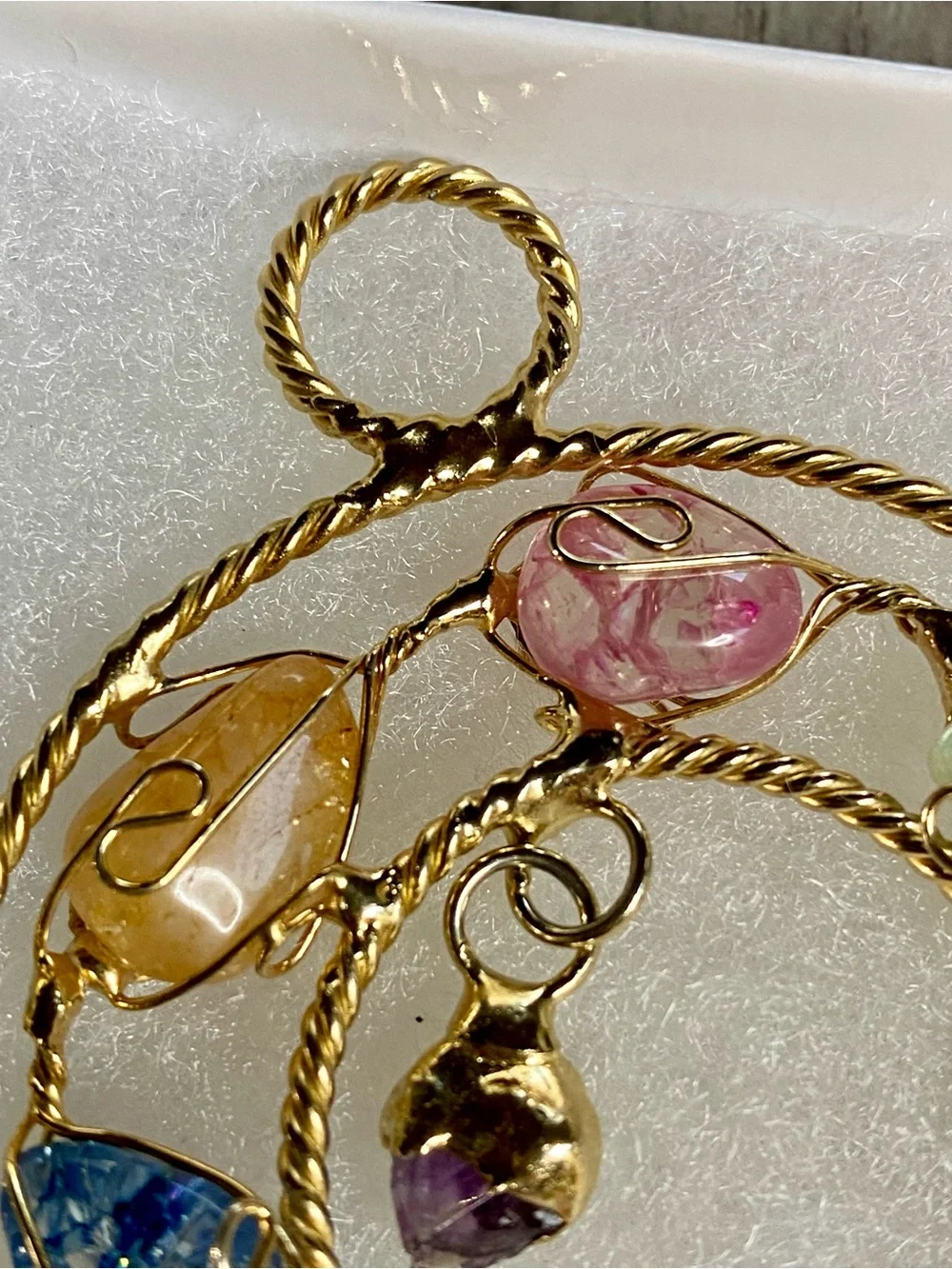 Gold-Tone Multi-Colored Wire-Wrapped Gemstone Pendant